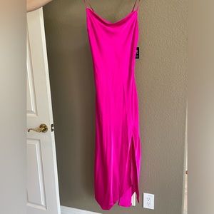 Bright Pink Satin Cowl Neck Asymmetrical Hem Maxi Slip Dress  -Size S - NWT!
